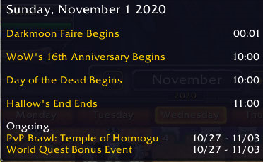 Sunday WoW Items Before Shadowlands Wilhelm Arcturus

We’re into November, and a bunch of stuff is coming up in World of Warcraft, not the least being the Shadowlands expansion.  But that is out on the 23rd, and a few things are in between then and now.

The November 1 calendar entries

Darkmoon Faire

It is the start of the last Darkmoon Faire before the expansion, and the first one since the big level squish.  You can get a final five points in any of your Kul Tiran or Zandalarian professions before Shadowlands profession updates arrive.  My main is just 3 points shy of finishing engineering, so I’ll be in there with him.  You have until Saturday night to get that done.

I’m also going to see if I can figure out the deal with heirloom gear.  Most of mine seems to be useful only through level 34 now, which isn’t so useful in a 10-50 alt leveling context.

Day of the Dead

It is also your chance to run the Day of the Dead event.  Get on this right away though, as it is a single day event.

Anniversary Event

World of Warcraft turns 16 this year, and the anniversary of the initial launch coincides with the launch date for Shadowlands.  I guess they did not want the two events interfering with each other or confusing anybody, so the anniversary event starts today and ends on November 22nd.  The 23rd is reserved for Shadowlands.

End Date

The event itself is a modest example of the genre.  You get a package in your mail box with some time warped tokens, a quest starter for a time walking event, a firework, and the usual xp boost token.

16 years means 16% boost

I am going to guess that Blizz doesn’t want to go into Shadowlands while giving people an xp boost.  They’ll save that for later.

The Headless Horseman’s Mount

Once again I queued up for the Headless Horseman.  I was half-hearted when Hallow’s End started, but was motivated by Belghast’s post about going all out for it.  Having done an audit of all of my characters, I knew that I had 18 characters who were level 20 or higher after the squish, the minimum level to run the Headless Horseman’s instance.

The first couple of the days I just ran with the dozen eligible characters on the paired servers, Eldre’Thalas and Korialstrasz, that I think of as home.  At the end though I dug out some old characters, spec’d them up, and ran with anybody I could get in the queue.

But, after the final run this morning as the event wound down, I found myself once again without the mount.

Not mine

Lots of masks, a lot of candy, a few rings, one sword, but no mounts.

On the bright side, I didn’t do horribly with the rando alts.  I’d probably go back and spec a couple of them to tank specs just to shorten the wait in the queue, but I didn’t do too bad.  I only had one bad group along the way, which wiped on the event three times before I bailed.  I was tanking that one with a level 50 pally and was putting out more DPS than the rest of the group combined.

Next year in Scarlet Monastery I guess.

https://ift.tt/369a1Dl